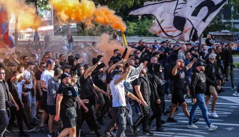 15.10.2026., Split - Navijaci Hajduka Torcida u korteu se uputila prema Poljudu uoci utakmice UEFA Konferencijske lige izmedju Hajduka i Ajaxa. Photo: Ivana Ivanovic/PIXSELL