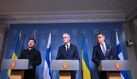 Ukraine's President Volodymyr Zelensky, Norway's Prime Minister Jonas Gahr Store and Finland's President Alexander Stubb deliver a joint press conference after a meeting on the situation in Ukraine on October 20, 2026 in Oslo. (Photo by Jonathan Nackstrand/AFP)
