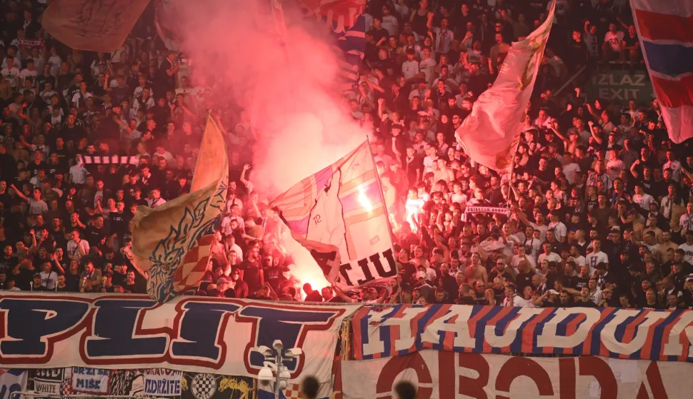 Split, 15.10.2026 - Susret 1. kola Konferencijske lige Hajduk - Ajax. Na fotografiji Torcida. foto HINA/ Mario STRMOTIĆ/ MS