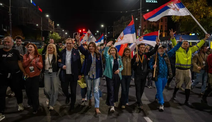 MP candidates from the Students? List -- an electoral list backed by the student-led protest movement -- welcome students who had marched to Belgrade and join them in a procession on the eve of the final pre-election rally in central Belgrade on October 21, 2026. The student-led movement emerged from nationwide protests following the November 2024 collapse of a railway station canopy in Novi Sad that killed 16 people, with demands expanding to include early elections in May 2025. The student movement formally entered the electoral race in September, challenging the Serbian Progressive Party (SNS). (Photo by Andrej ISAKOVIC/AFP)