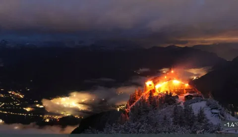 TOPSHOT - Video grab taken from the webcam of the mountain guesthouse Kehlsteinhaus, known as the Eagle's Nest, formerly Adolf Hitler's mountain retreat, on early October 24, 2026, after a large fire had broken out at the site located at an altitude of 1,834 metres (6,000 feet) in the mountains over Berchtesgaden, in the southern German state of Bavaria. Emergency services arrived on site on late October 23, 2026 and found a large fire. German police said on October 24, 2026 they have detained a suspect following a fire at Adolf Hitler's mountain retreat, known as the Eagle's Nest. (Photo by Berchtesgaden/AFP)