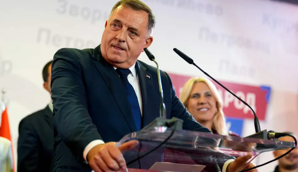 Bosnian Serb leader Milorad Dodik addresses the media after the preliminary results of Bosnia's general elections were announced in Banja Luka, in northern Bosnia, on October 4, 2026. The former president of Bosnia's Serb statelet, Milorad Dodik, said his party had retained power in the entity and its seat on the shared presidency, as preliminary results showed a drop in turnout for Bosnia's general elections. (Photo by AFP)