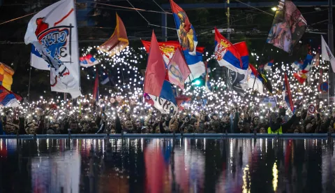Supporters of Serbia's student-led movement attend the final campaign rally of the student-backed election list in central Belgrade on October 22, 2026, ahead of the country's snap parliamentary elections on October 25. The vote follows nearly two years of student-led protests sparked by the November 2024 collapse of a railway station canopy in Novi Sad that killed 16 people, with demands for early elections becoming a central goal of the movement. The student-backed list is challenging the ruling Serbian Progressive Party (SNS), led in the campaign by former president Aleksandar Vucic, who resigned in September to run for prime minister. (Photo by Andrej ISAKOVIC/AFP)