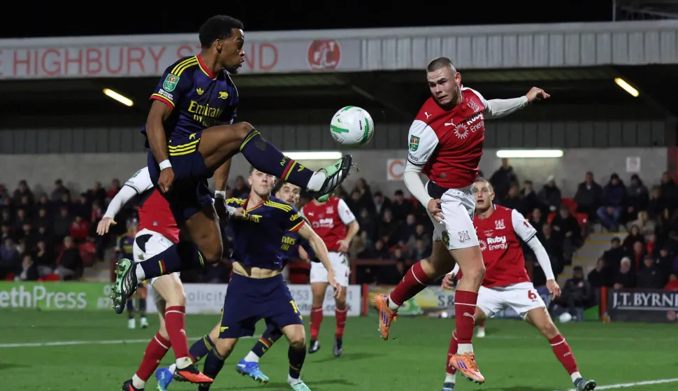 Arsenal's Dutch defender #12 Jurrien Timber shoots but the shot is blocked during the English League Cup fourth round football match between Fleetwood Town and Arsenal at Highbury Stadium in Fleetwood, north west England, on October 27, 2026. (Photo by Darren Staples/AFP)/RESTRICTED TO EDITORIAL USE. No use with unauthorized audio, video, data, fixture lists, club/league logos or 'live' services. Online in-match use limited to 120 images. An additional 40 images may be used in extra time. No video emulation. Social media in-match use limited to 120 images. An additional 40 images may be used in extra time. No use in betting publications, games or single club/league/player publications./