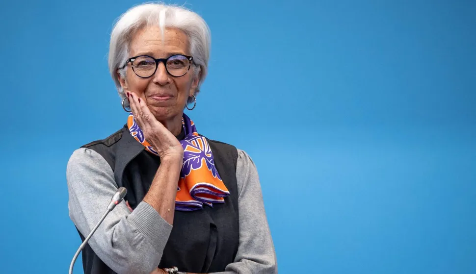(FILES) European Central Bank (ECB) President Christine Lagarde delivers a speech during a coversation event on the occasion of International Women's Day, at the WTO headquaters in Geneva on March 8, 2023. Christine Lagarde is to step down as President of the ECB on February 7, 2027, it was announced on October 30, 2026. (Photo by Fabrice COFFRINI/AFP)
